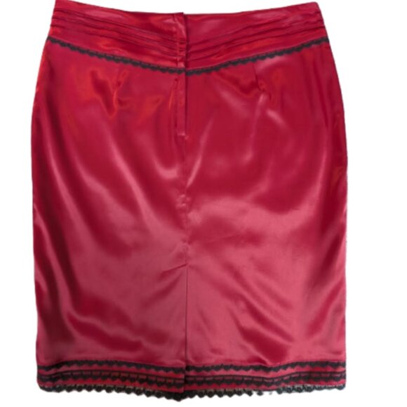 Vintage Le Chateaur Cranberry Satin Pencil Skirt With Black Lace Size M - Picture 2 of 10